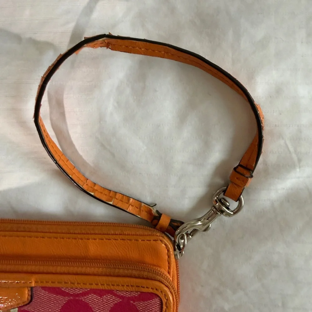 Coach Signature Stripe Double Zip Wristlet | Orange and Pink - Picture 5 of 15